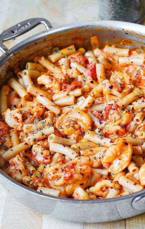 Spicy Shrimp Pasta in Garlic Tomato Cream Sauce—this could easily be made with chicken; also lighten it up with fat free half