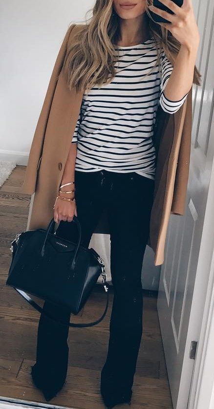 Striped Sweater // Camel Coat // Leather Tote // Black Pants