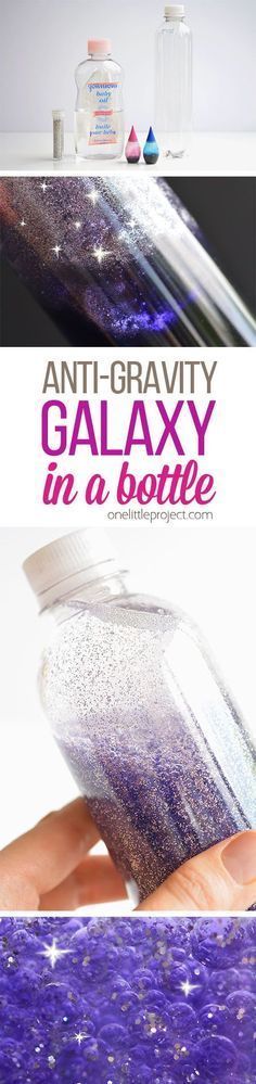 This anti-gravity galaxy in a bottle is such a FUN PROJECT to try with the kids! The glitter actually rises to the top, instead of