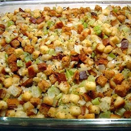Traditional moist dressing, baked outside of the bird. I make this when I am cooking a turkey breast without the cavity. You can