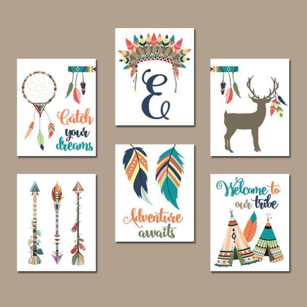 TRIBAL Nursery Wall Art, Canvas or Prints, Tee Pee Arrows Deer, Dream Catcher, Indian Feathers, Tribe Set of 6 Woodland Baby Decor