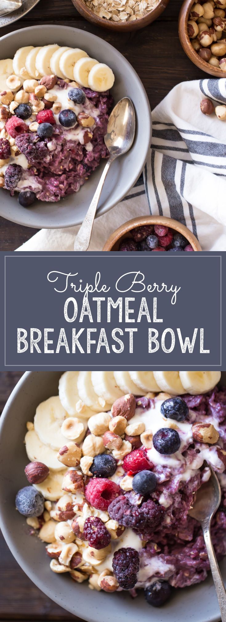 Triple Berry Oatmeal Breakfast Bowl – Oats are cooked with frozen berries and then swirled with vanilla yogurt and a sprinkle of