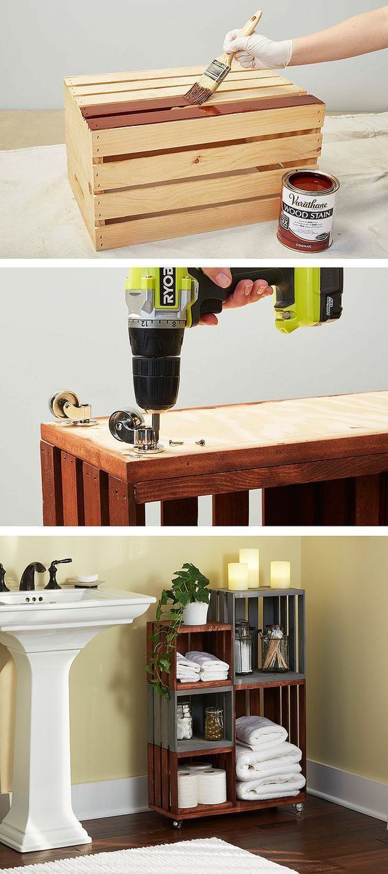 Turn ordinary wooden crates into cool bathroom storage on wheels. Just follow our step-by-step tutorial.: