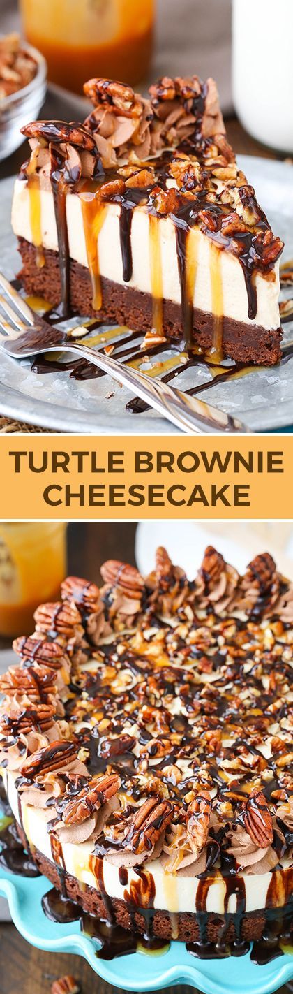Turtle Brownie Cheesecake – brownie bottom, caramel cheesecake, and pecans! Perfect dessert!