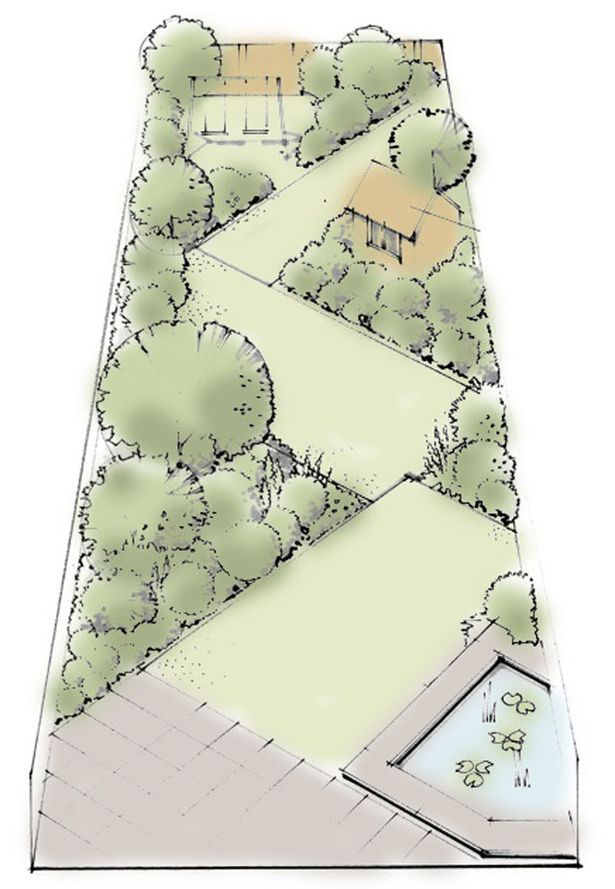 Use rectangles to create a zig-zag plot A series of rectangular lawns or any other ground cover or paving of your choosing –