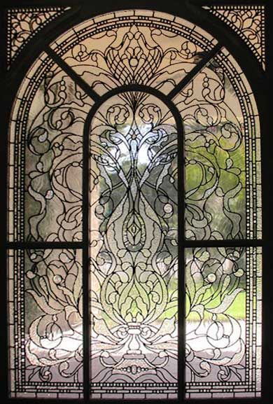 ZOOM to large leaded glass Keech Victorian style window