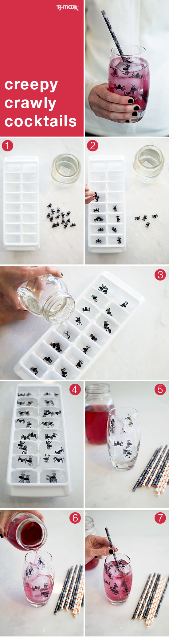 A Halloween party DIY: Give ice cubes a spooky twist by adding in tiny toy spiders. Start by putting the creepy crawlers in an