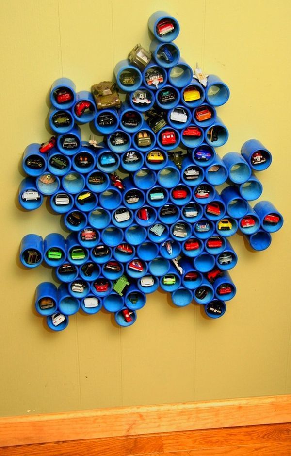 Another super creative ways to store all those Hot Wheels cars or craft supplies, use PVC pipe! Make an artsy design on the wall