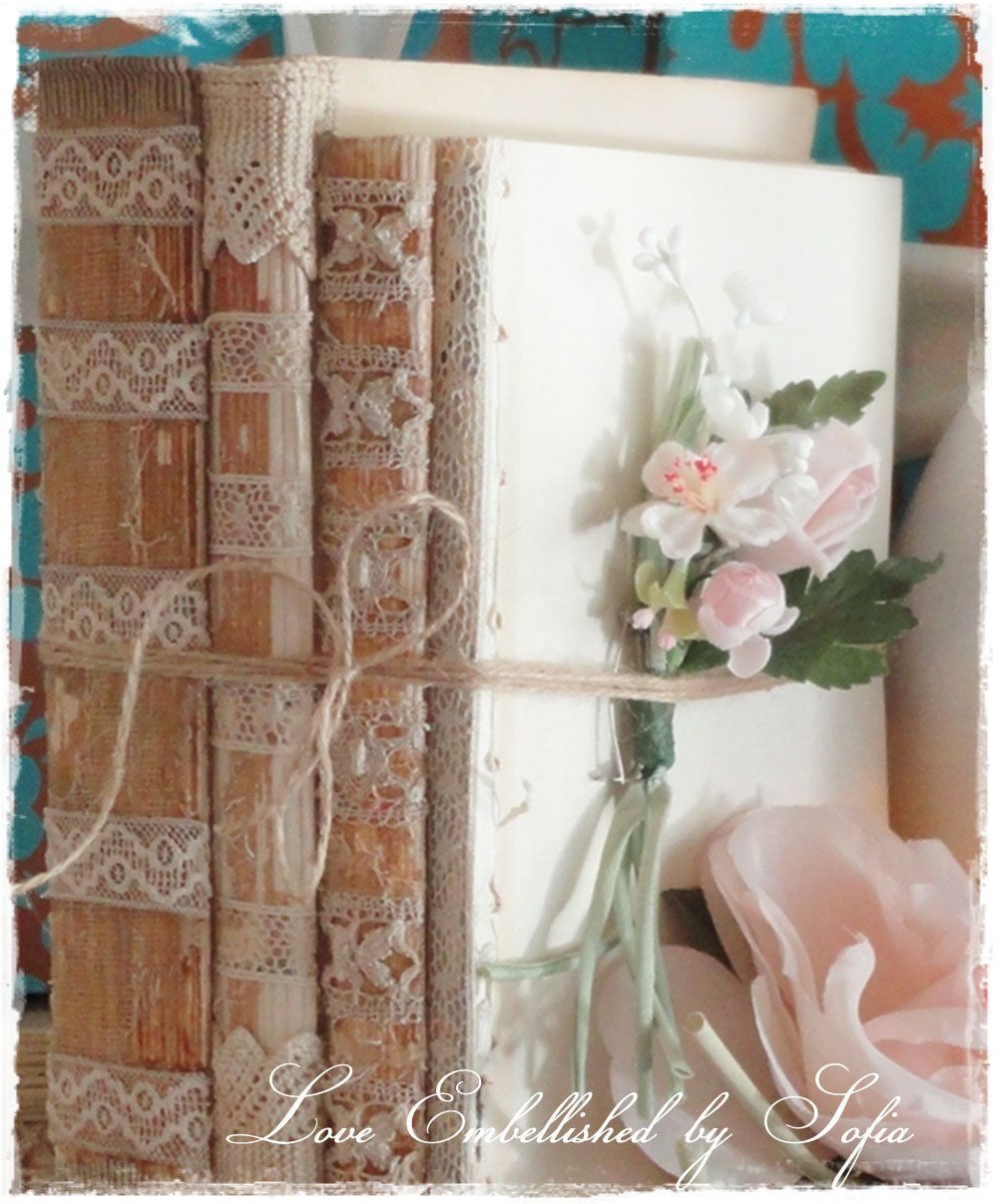 Antique Book Bundles Lace Trim Vintage Early Mid Century Distressed Book Stack Antique Lace Trim Romantic Decor – Bookshelf