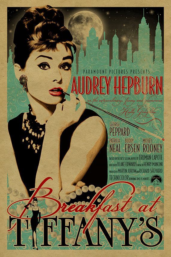 Audrey Hepburn in Breakfast at Tiffany’s poster.12×18. Kraft paper. Art. Print. NYC. 1960s. New York. Truman Capote. Holly