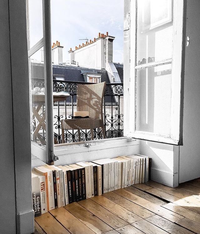 beautiful parisian style flat, books under window, balcony, wooden floor boards