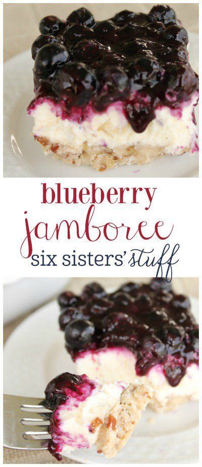 Blue Jamboree on SixSistersStuff.com | A delicious pecan shortbread crust layered with whipped cream and cream cheese filling, and