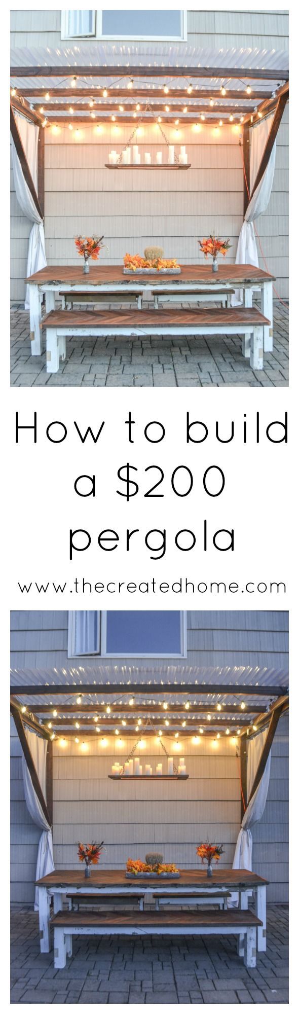 Build this modified pergola for $200, including the lights and curtains!