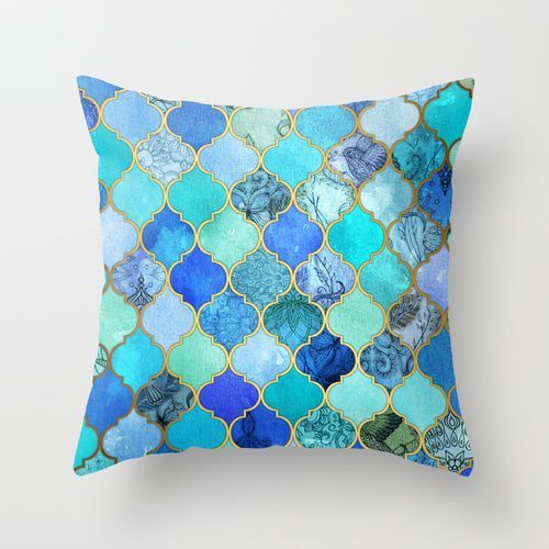 Cobalt Blue, Aqua & Gold Decorative Moroccan Tile Pattern Throw Pillow by Micklyn | Society6……LOVE!!!!!