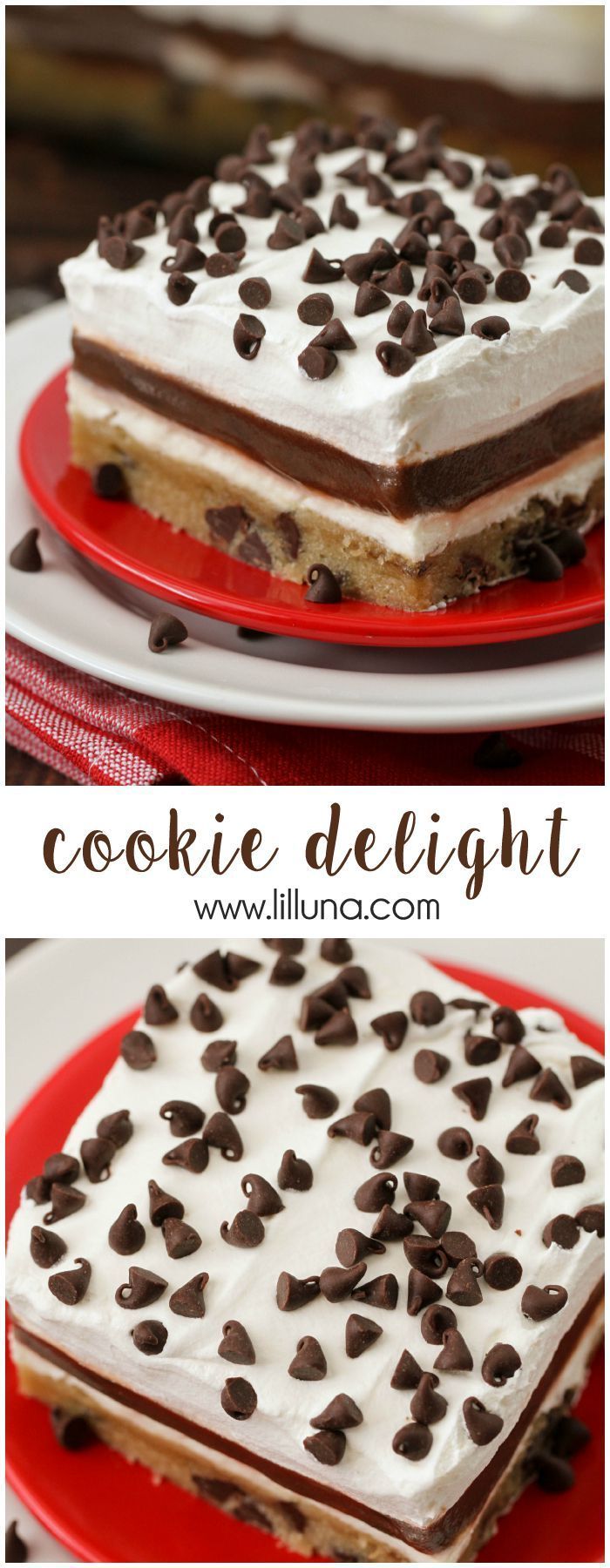 Cookie Delight – A delicious and cool layered dessert with a cookie base, cream cheese and pudding layer all topped off with Cool