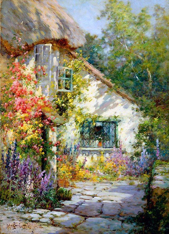 ‘Cottage’ (Painting: Alfred de Breanski, Jr. – A cottage in Devon, England.  (Depiction of my Grandma’s dream home…birdhouses