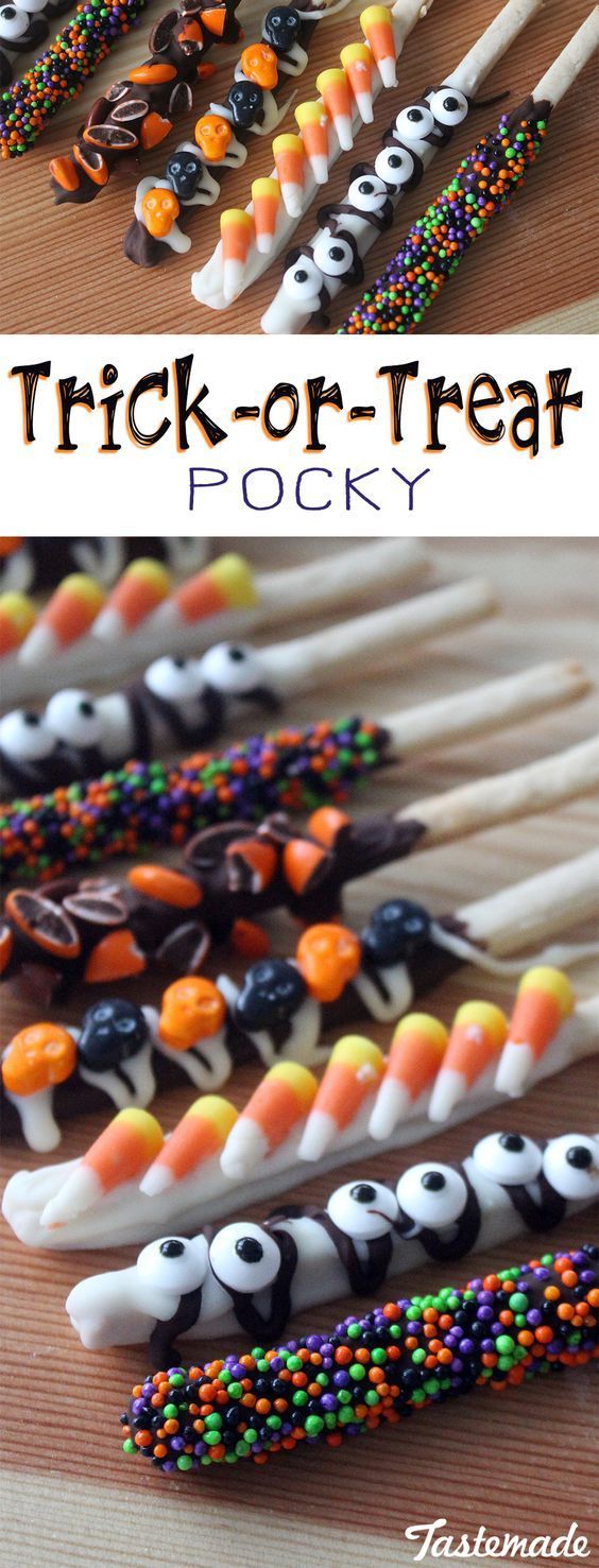 Decorate your homemade Pocky with leftover Halloween candy for a 2-in-1 treat.