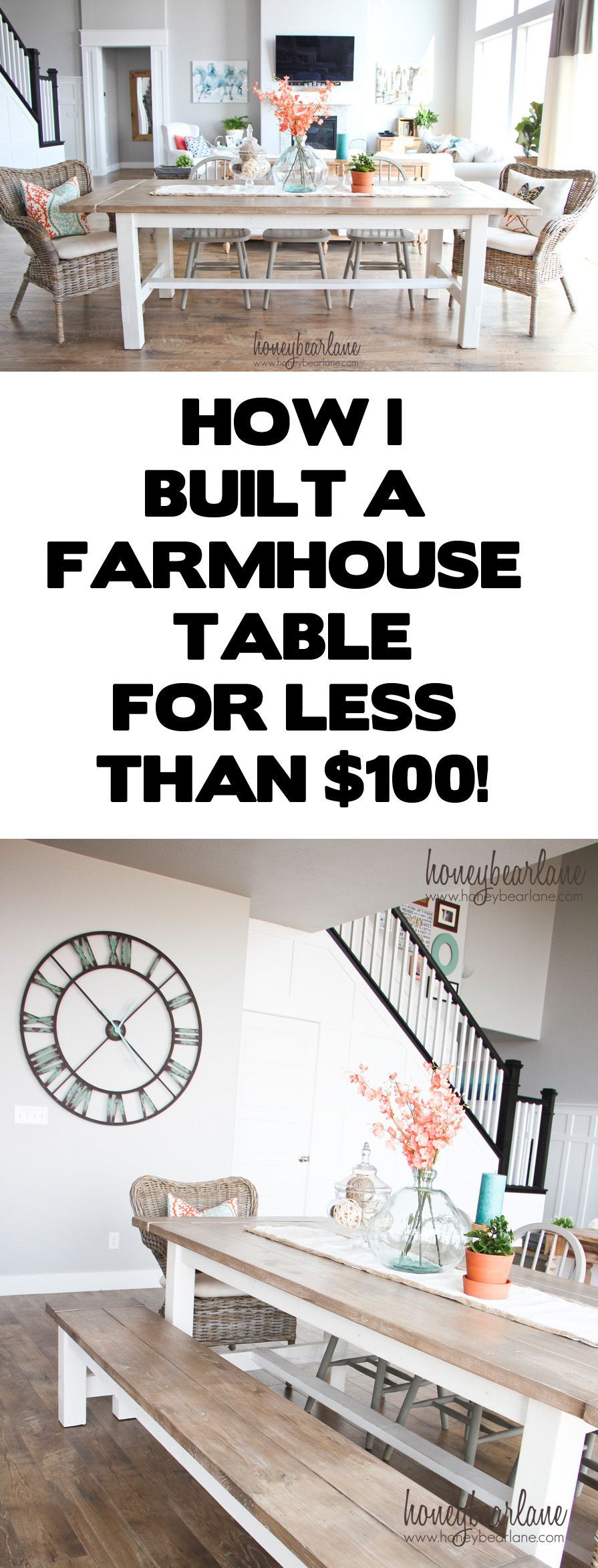 DIY Farmhouse Table-I also love the weathered wood stain and finish and she did it all for less than $100!