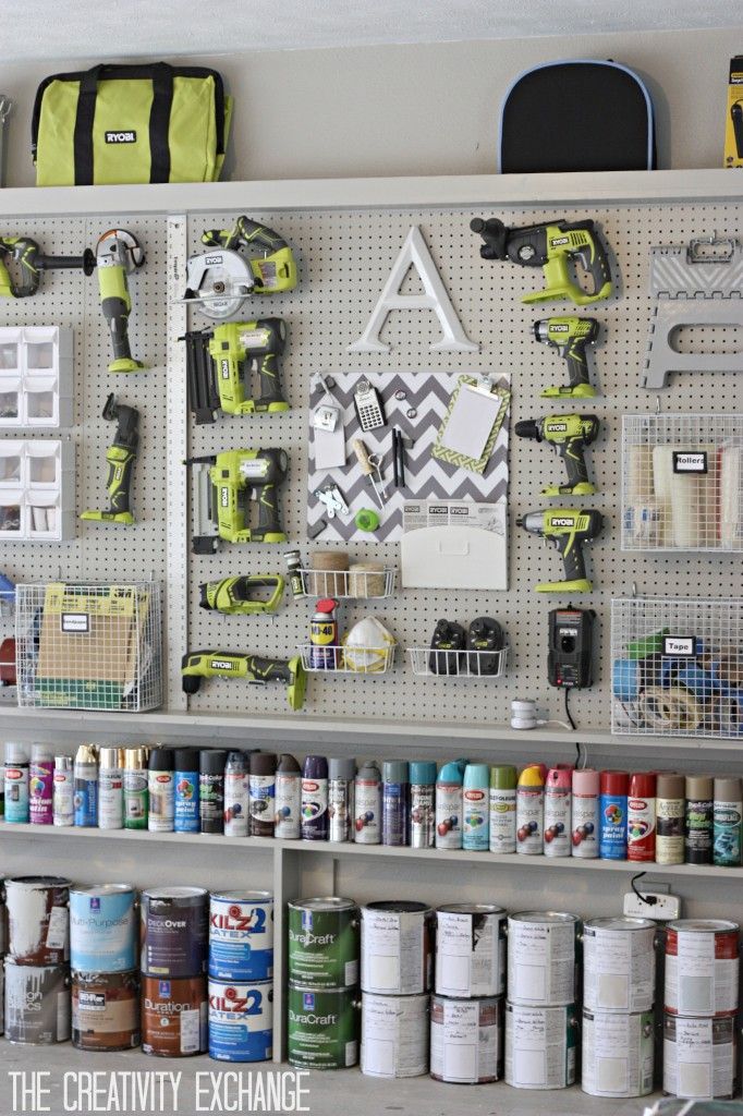 DIY Garage pegboard for tools, spray paint and supplies. Only need 5.5 inches for depth. {The Creativity Exchange}