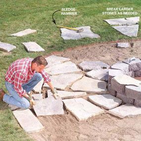 DIY Patio Instructions, looks like it may be circled around a fire pit?  With creeping ground plants in between flag stones! :)