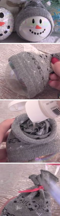 DIY Sock Snowman Ornament. Make these adorable baby sock snowman ornaments with kids to use as holiday decorations, to give as