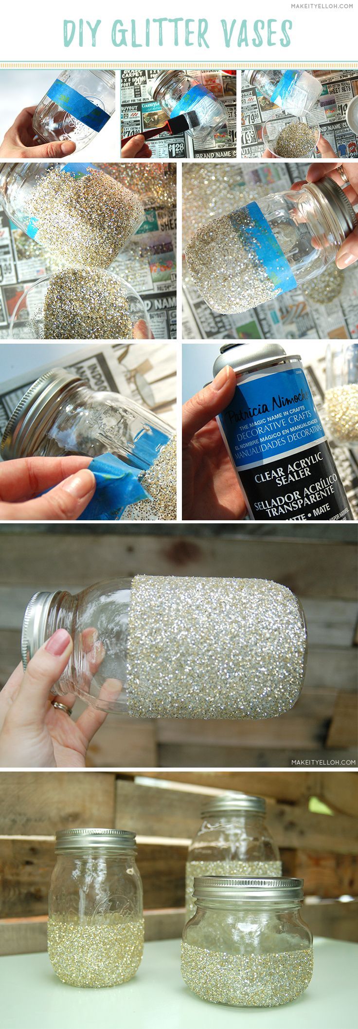 DIY Wedding Shower Glitter Mason Jar Vases