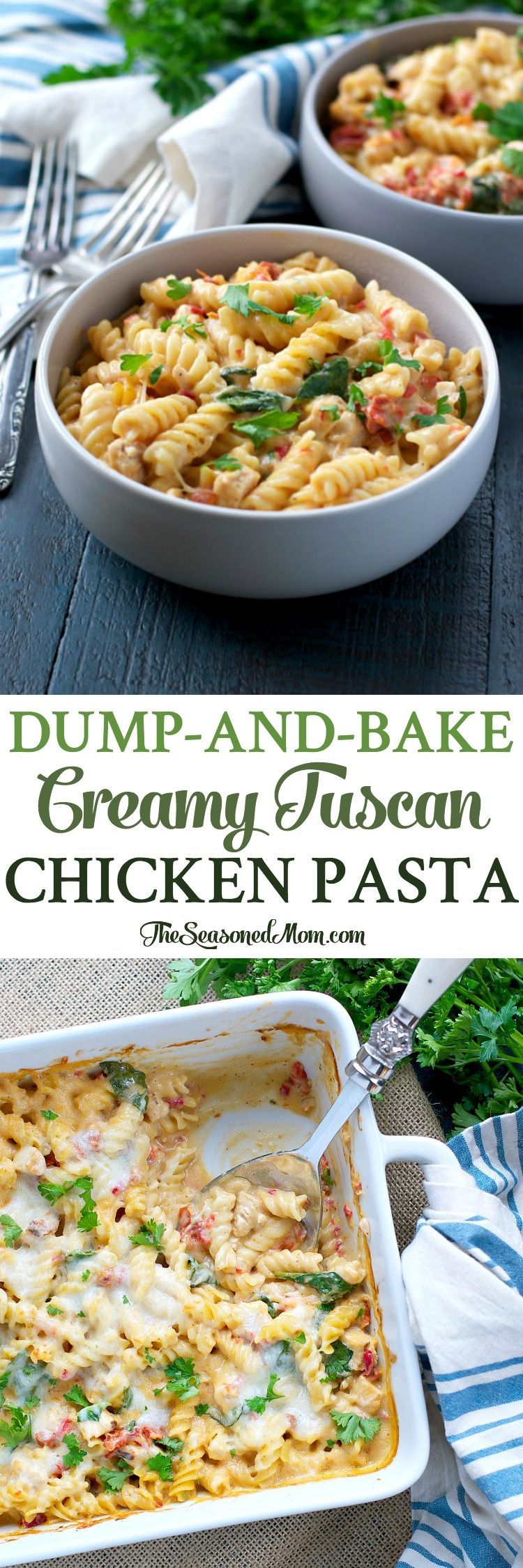 Dump-and-Bake Creamy Tuscan Chicken Pasta…you don’t even have to boil the noodles! Dinner | Dinner Recipes | Dinner Ideas |