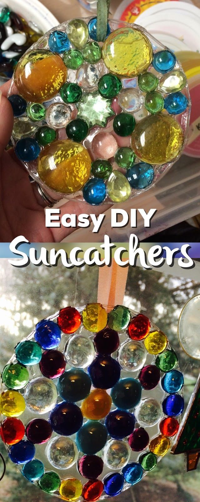 Easy DIY suncatchers- all you need is glue, a plastic lid and some gems! Instant gift!