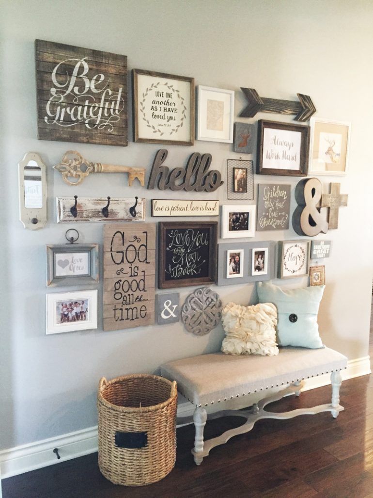 Entryway Gallery Wall and Foyer Bench … LOVE the pallet word art {Be Grateful}, wooden arrow, chalkboard, hello, ampersand,