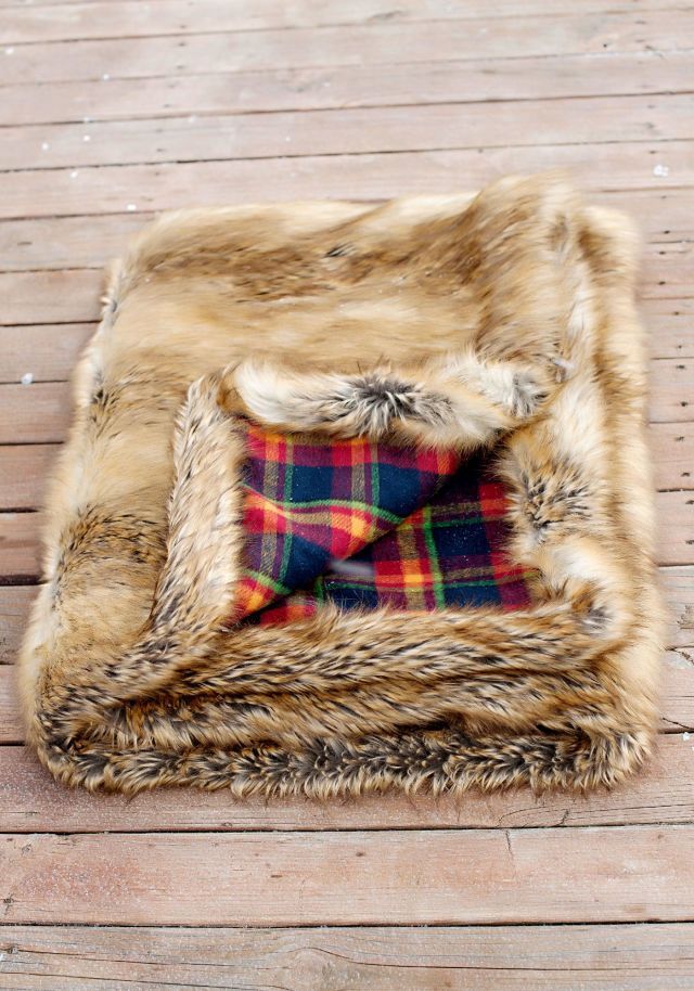 Fabulous Furs Red Plaid & Gold Fox Faux Fur Throw Blanket