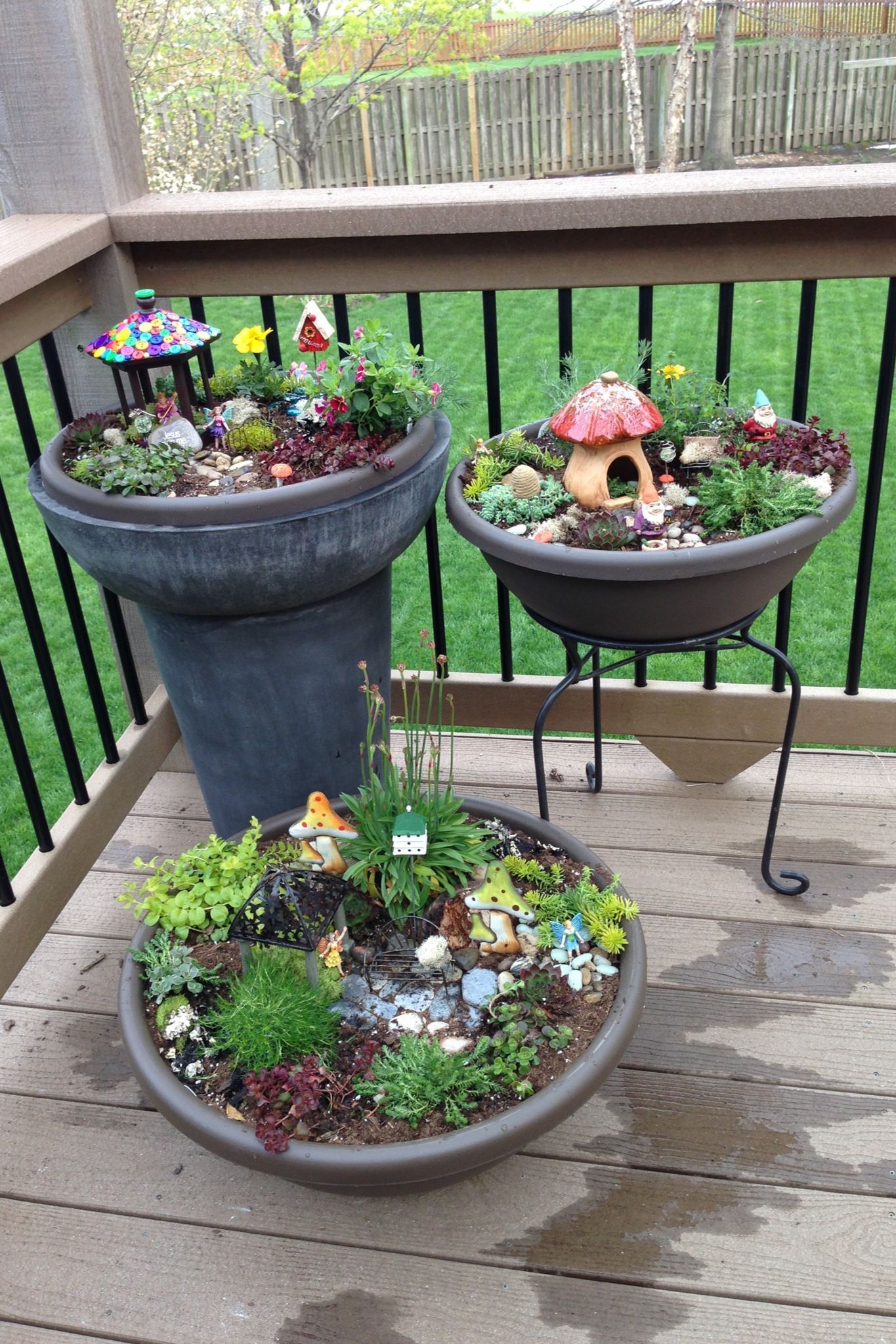 Fairy gardens often use rocks to color or for stepping stones. They also use small plants, sticks, fabrics, small decorations, and