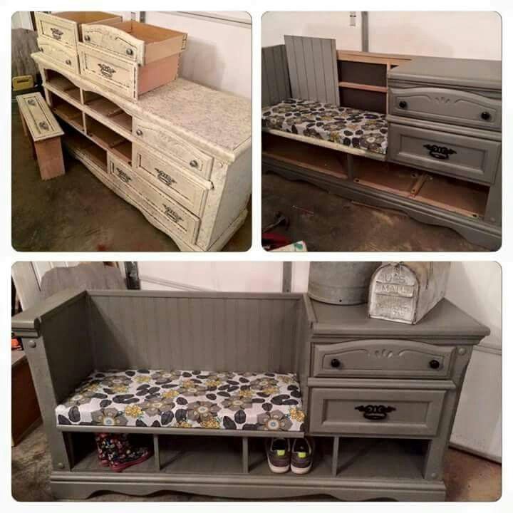 Good idea on how to convert an old dresser into cute functional storage and seating space. This would be great for a cheap yard or