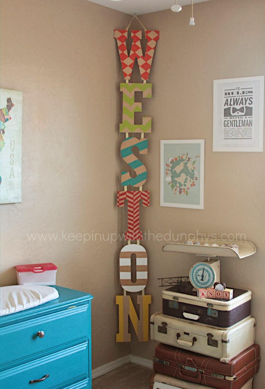 hanging vertical kid’s name in the corner – just decorate letters, attach together, and hang.