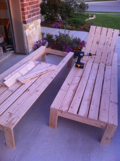 I really want these!!  DIY lounge chair. 25 dollars… Put a nice stain on them and a comfy cushion and it spices them right up.