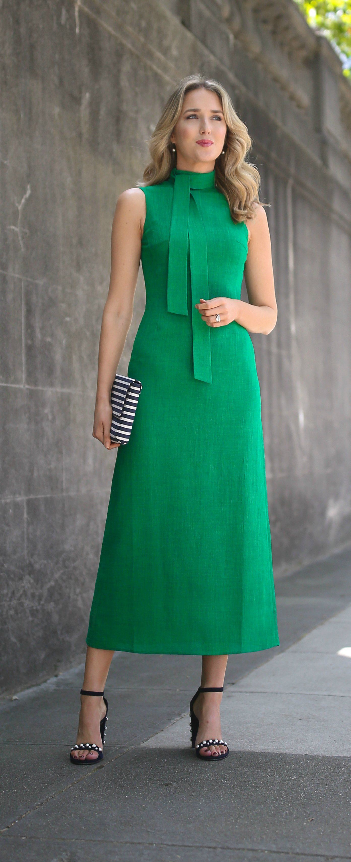 kelly green midi dress with tie neck detail, navy blue suede ankle strap sandals pearl embellished detail and block heel, navy and