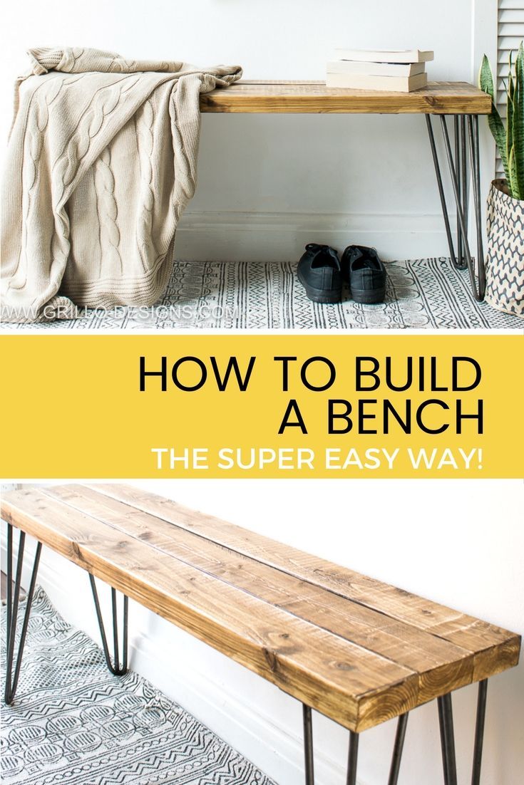 Learn how to build a bench for your home. Using 2 x 4 wood and hairpin legs. Easy bench plans included / Grillo Designs