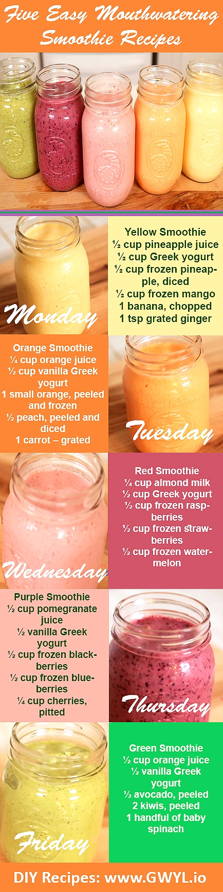 Learn how to make five easy smoothie recipes, one for each day of the week! Video and written instructions here: