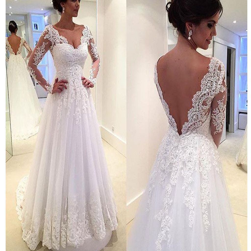 Long Sleeve V-Back Lace A-line Vintage Romantic Plush Size Wedding Dress. RG0182