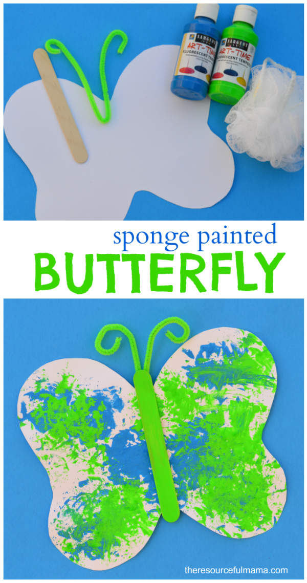 Loofah sponge painted butterfly craft for kids. Free printable butterfly template. Great spring or summer craft for kids.
