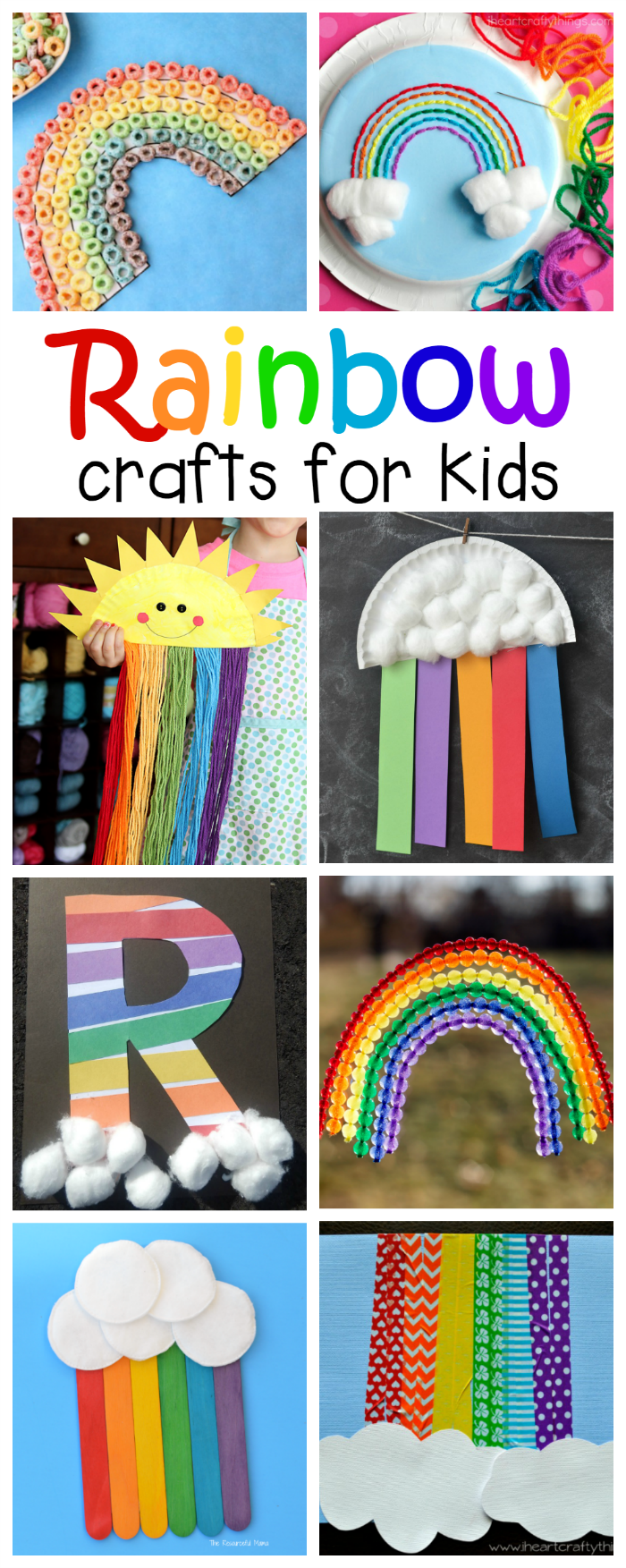 Lots of great rainbow crafts that kids can make for spring, summer, St. Patrick’s Day or letter R.