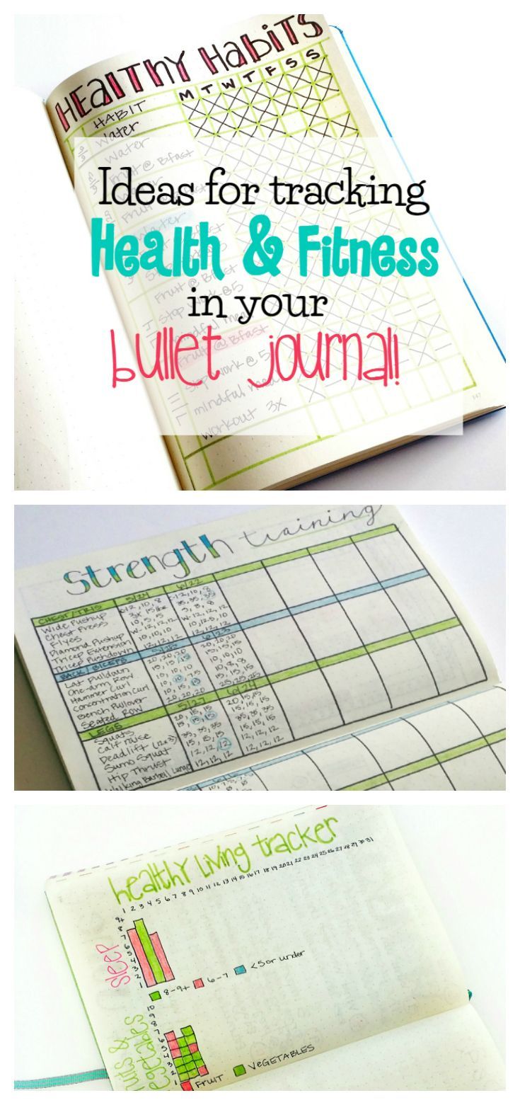 Lots of ideas for tracking your workouts, strength training, running, meal planning, and more in your bullet journal! via