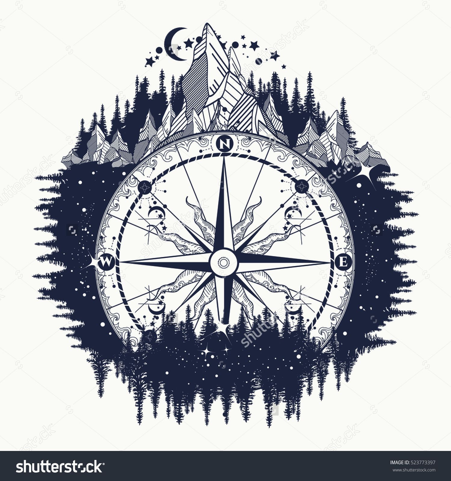 Mountain antique compass and wind rose tattoo art. Adventure, travel, outdoors, symbol. Tattoo for travelers, climbers, hikers.