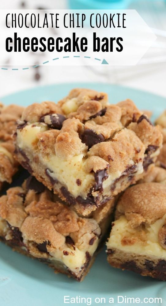 Oh you are going to love this delicious dessert! Chocolate chip cookie cheese cake bars. You two amazing desserts all in one