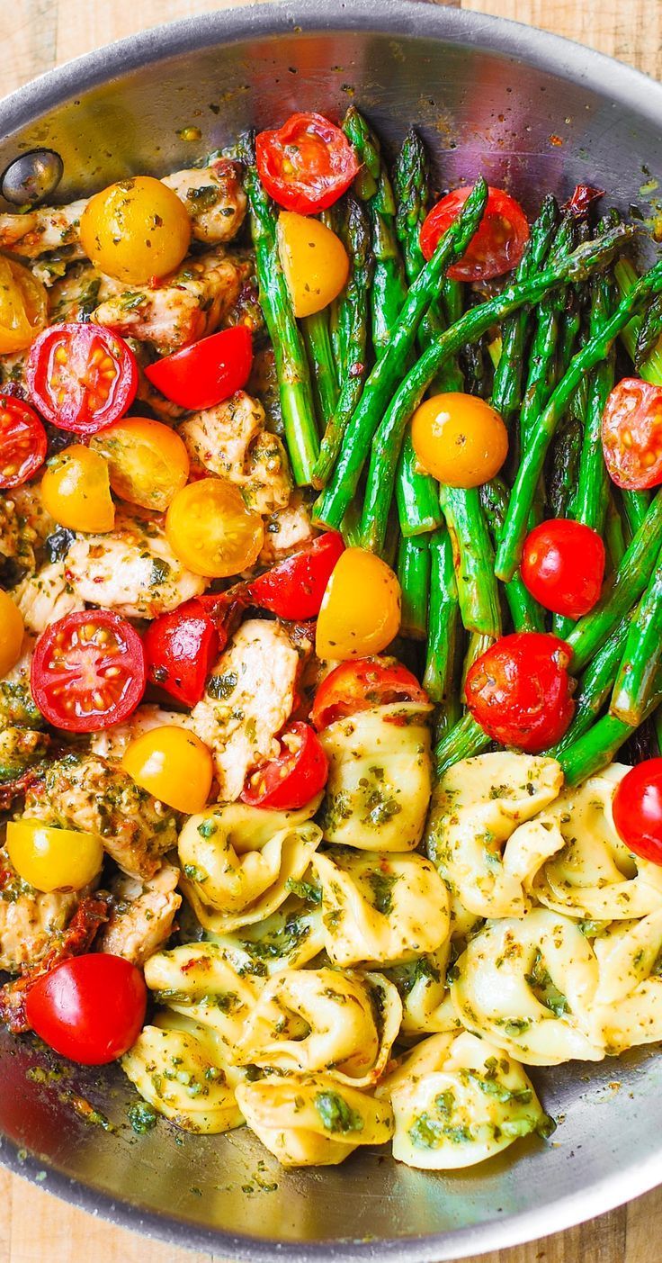 One-Pan Pesto Chicken, Tortellini, and Veggies, Asparagus, Tomatoes – healthy, refreshing, Mediterranean-style dinner. Spring