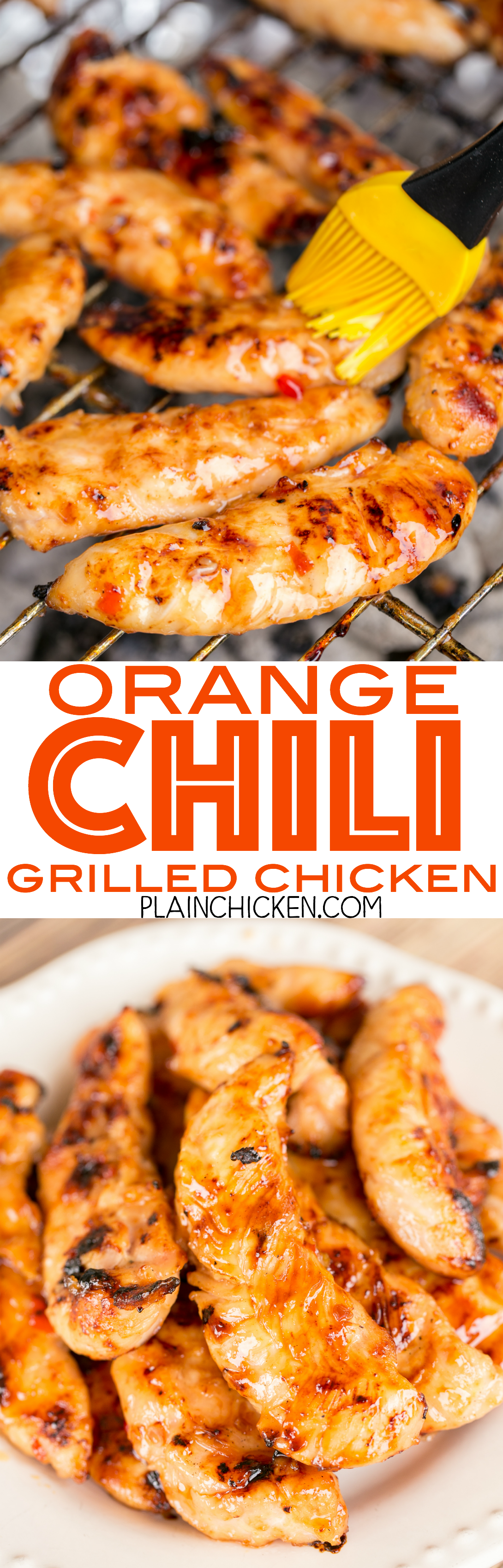 Orange Chili Grilled Chicken – seriously delicious! Only 4 ingredients! Chicken, sweet chili sauce, honey and orange juice. Grill