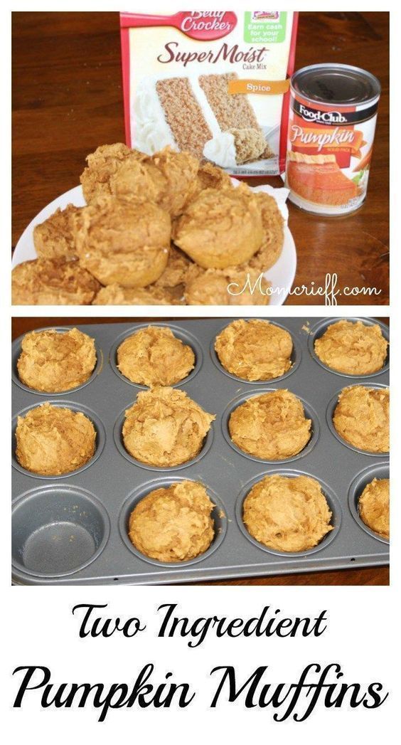 Pumpkin Muffins – TWO ingredients!  Yes, this is the cake mix and can of pumpkin recipe.  These two ingredients, and less than 1/2