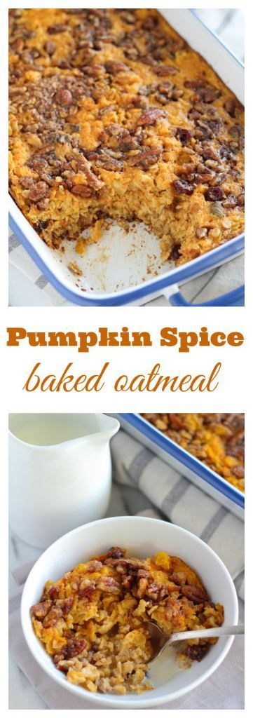 Pumpkin Spice Baked Oatmeal – Pumpkin, oats, brown sugar, cinnamon, pecans, and dried cranberries combine in this delicious