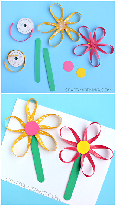 Ribbon Flowers on a Stick – Cute Spring craft for kids to make! | CraftyMorning.com