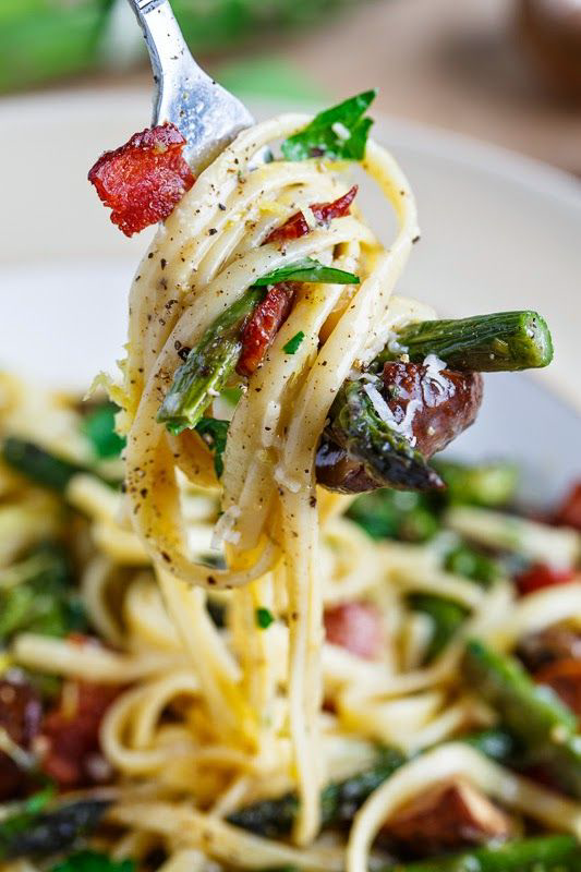 Roasted Asparagus and Mushroom Carbonara ~ with bacon and parmigiano reggiano cheese – sub zoodles