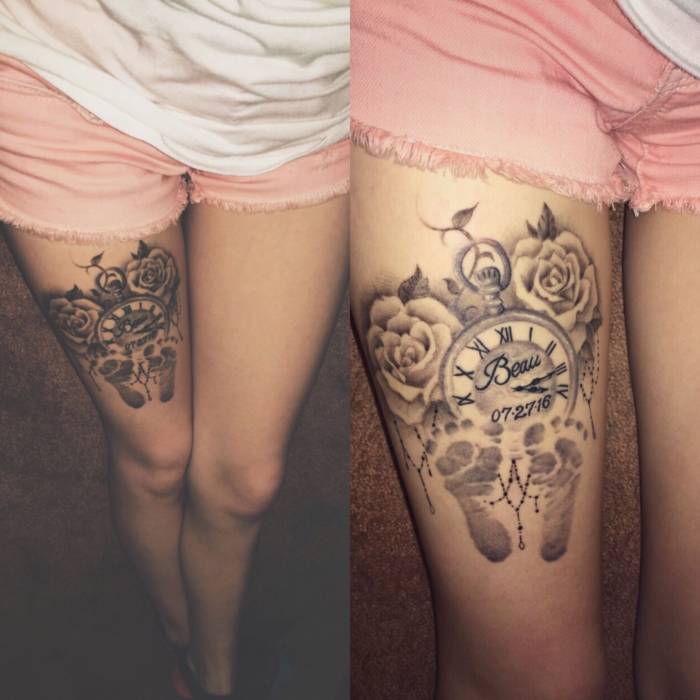 Roses, pocket-watch and baby footprints tattoo